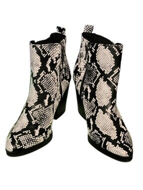 Time and Tru Black and White Snake-Print Ankle Boots